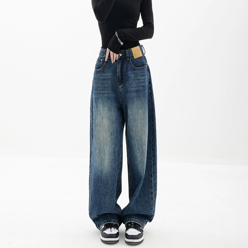 Blue Retro Loose Straight-Leg High-Waist Floor-Length Jeans - chiclara