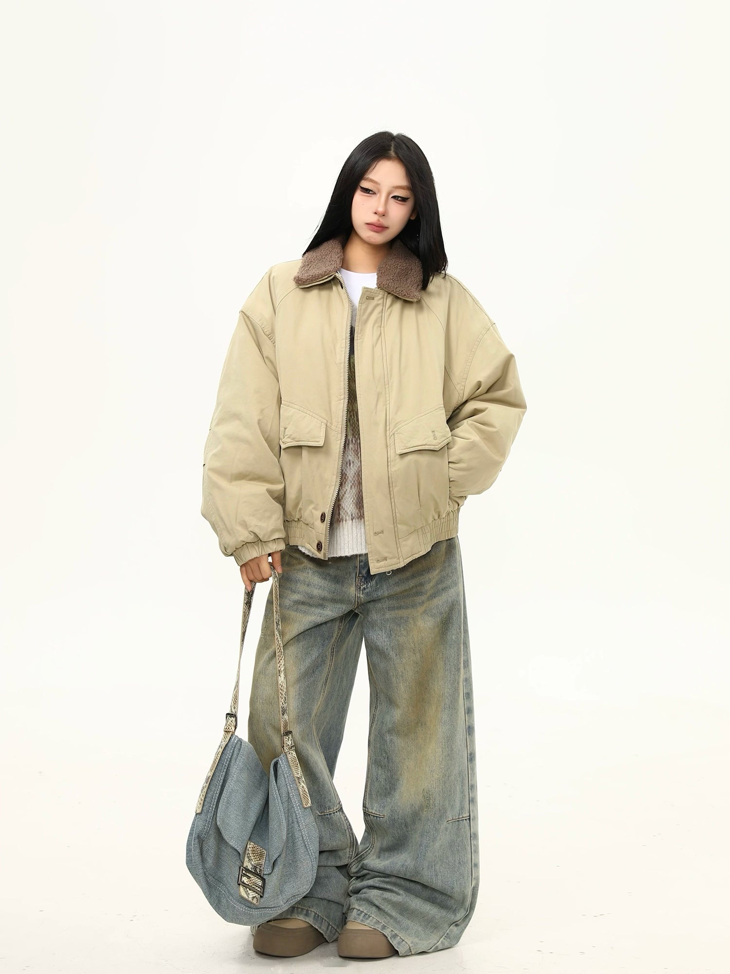 Sand Dune Sherpa-Collar Bomber Jacket