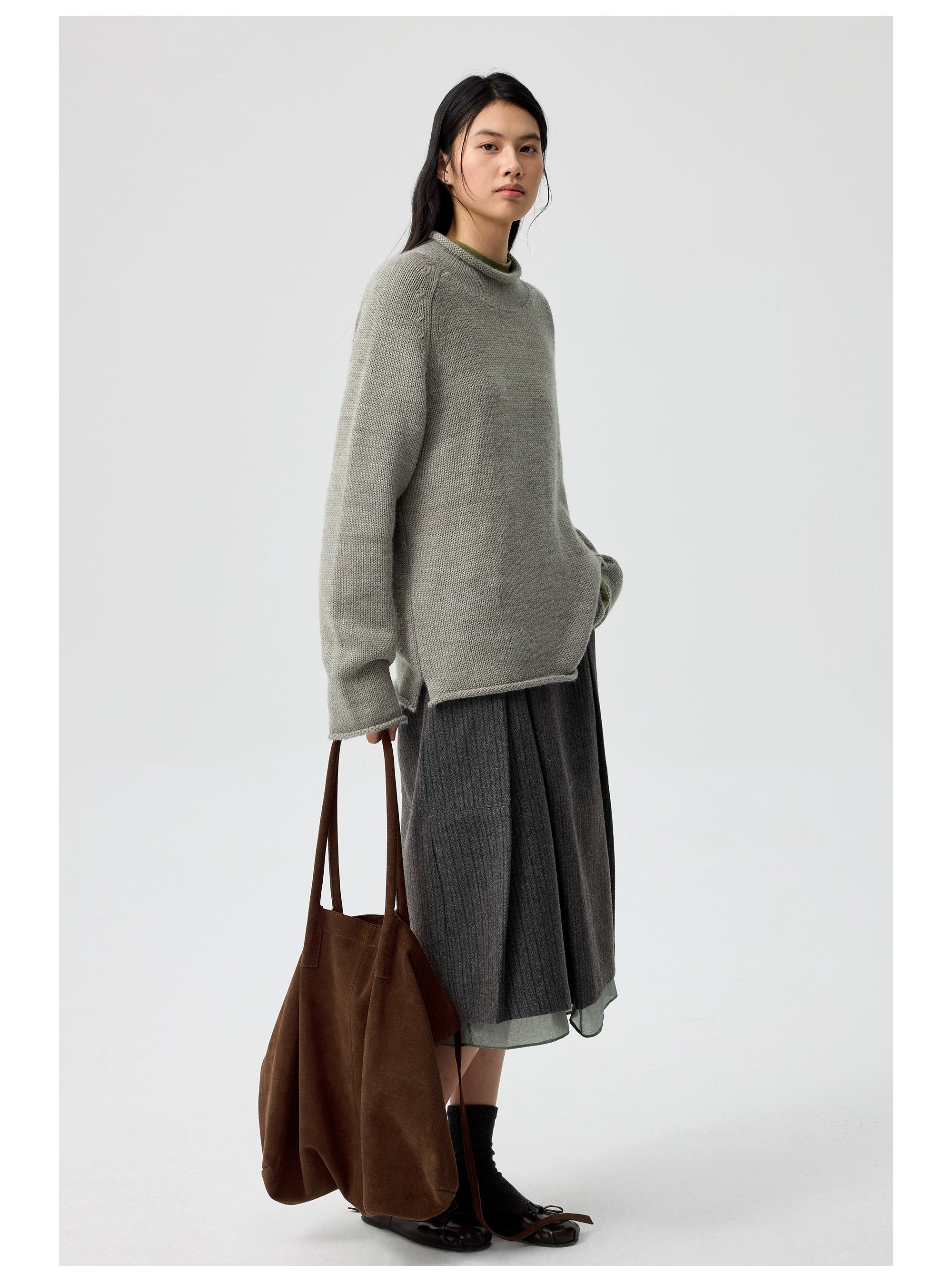 Pinstripe Wool Layered Midi Skirt