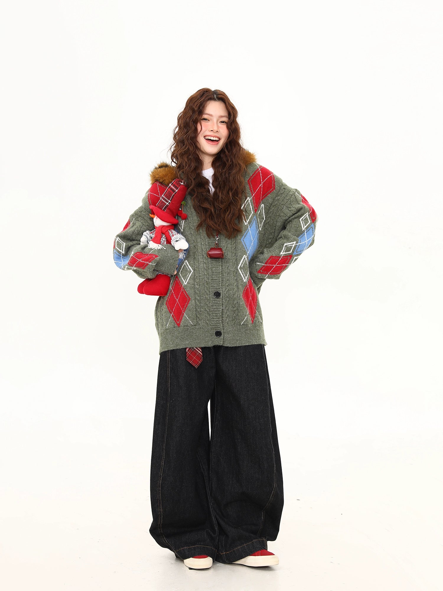 Frosty Argyle Faux-Fur Hood Cardigan