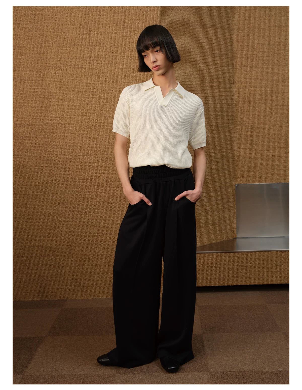 Textured Knit Open-Collar Polo Shirt