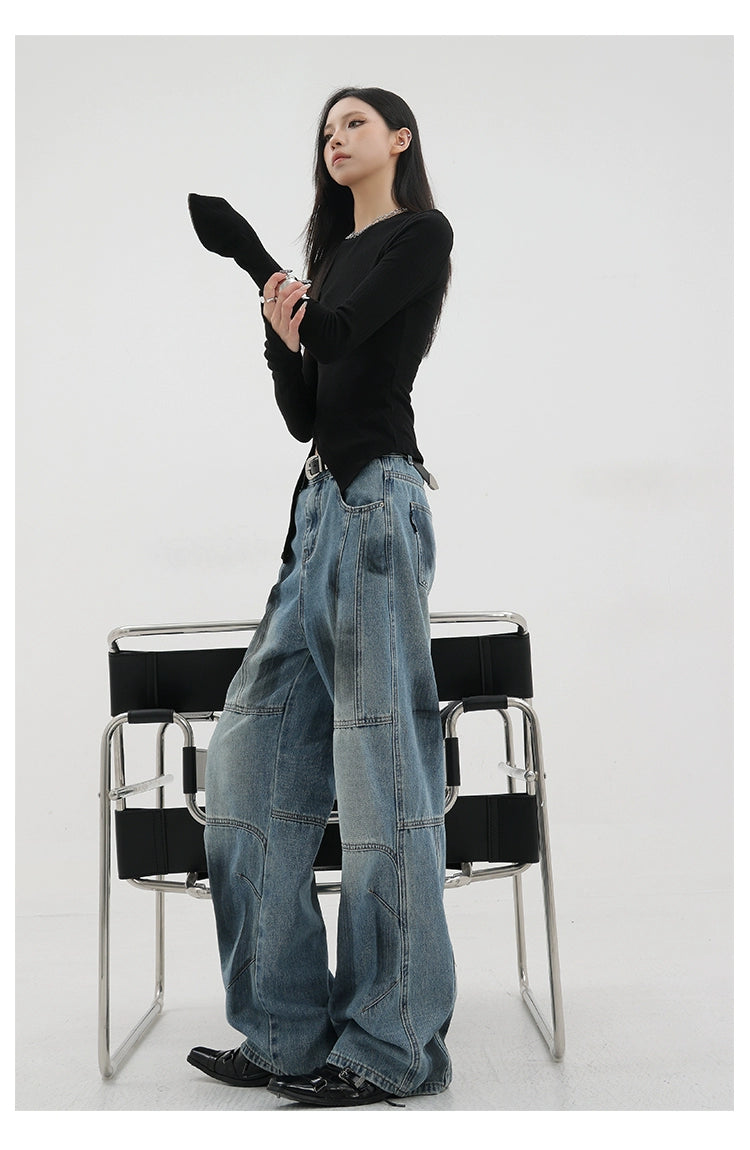 Vintage Distressed And Dirt-Dyed Patchwork Wide-Leg Jeans - chiclara