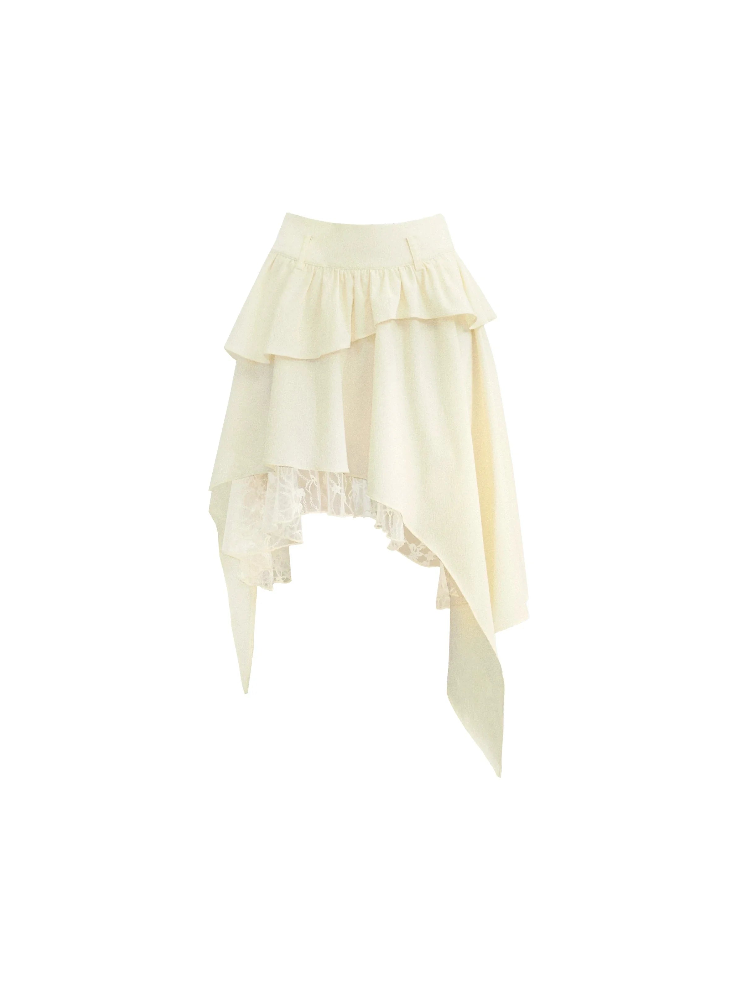 Ethereal Ivory Ensemble: Asymmetric Ruffled Midi Skirt & Choker-Neck Fitted Sweater Set