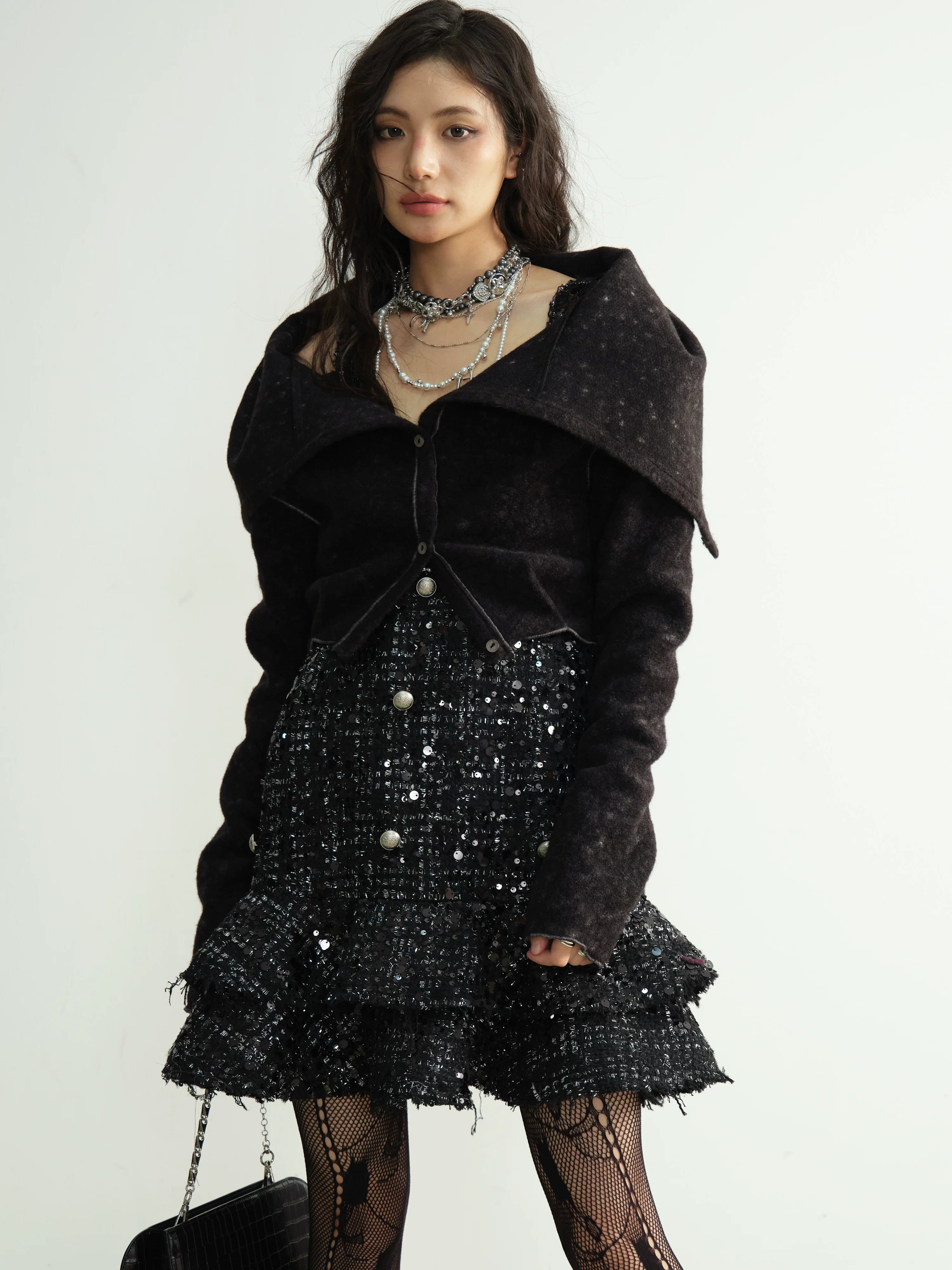 Black Sequin Tweed Tiered Mini Dress