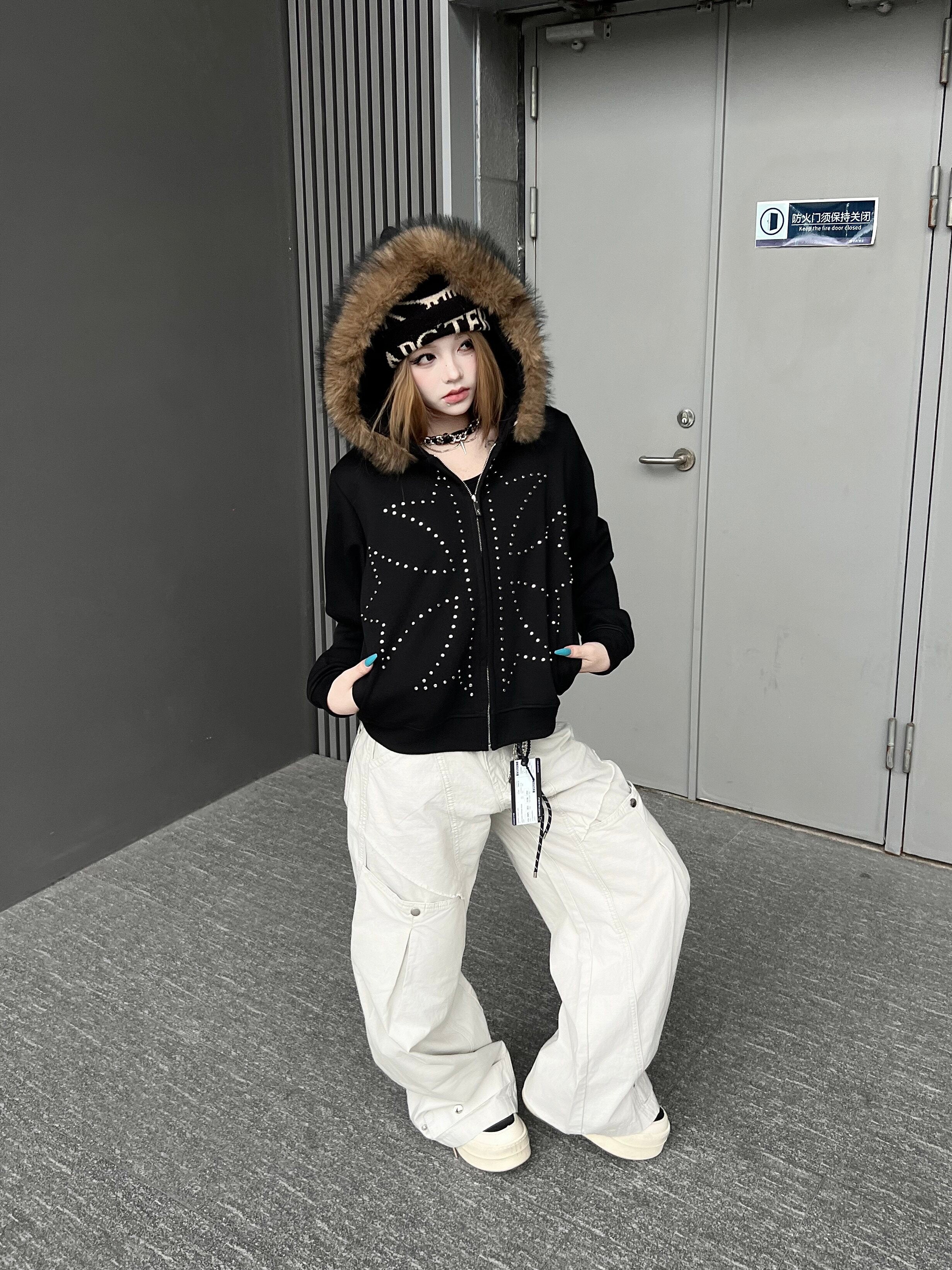 Men's Faux-Fur Collar Studded Zip-Up Hoodie