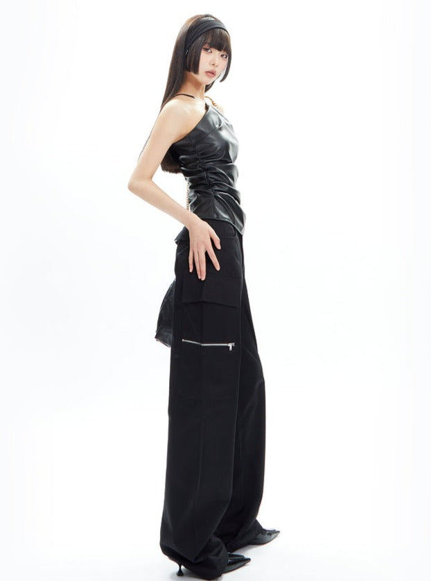 Wide-Leg Cargo Pants with Collar Waistband