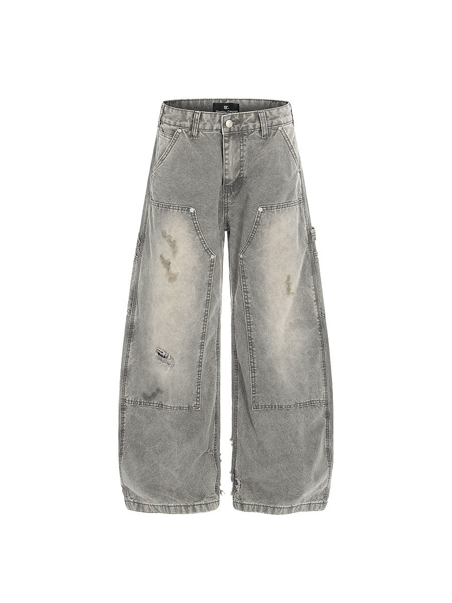 Men's Distressed Washed Wide-Leg Cargo Jeans