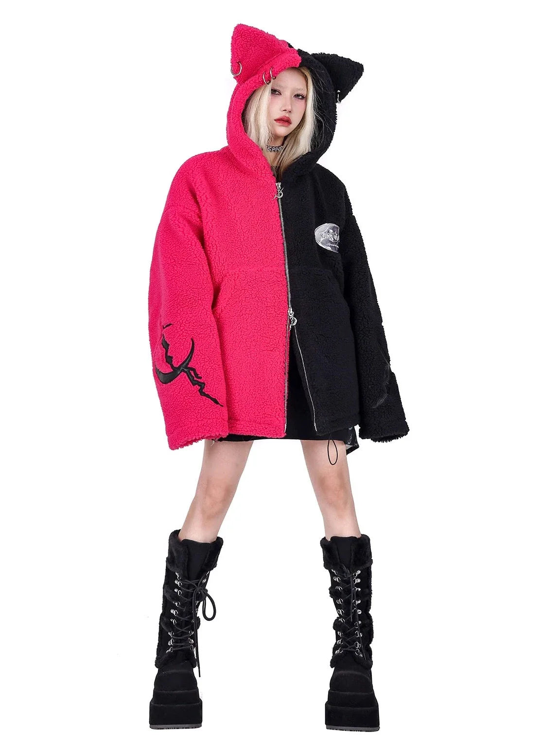 PINKSPINK Two-Tone Cat Ear Fleece Hoodie - Hot Pink/Black