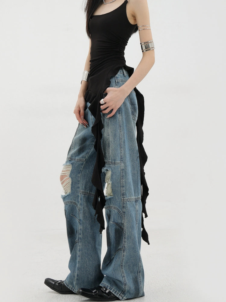 Vintage Distressed And Dirt-Dyed Patchwork Wide-Leg Jeans - chiclara