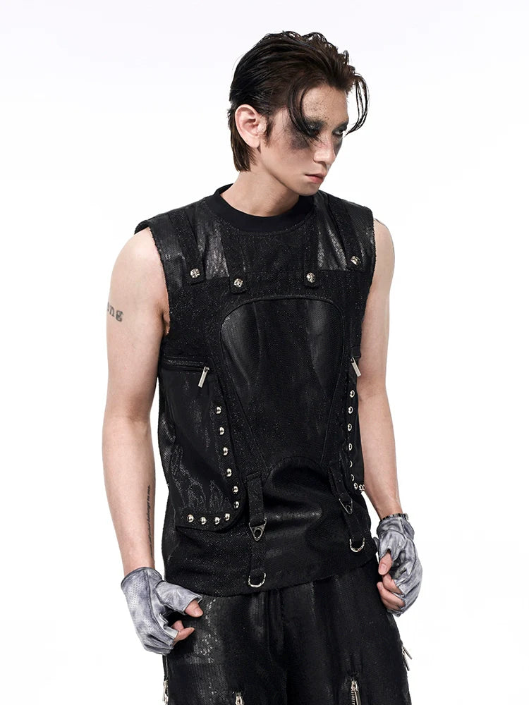 Punk Studded Utility Vest & Sequin Wide Leg Pants Setup