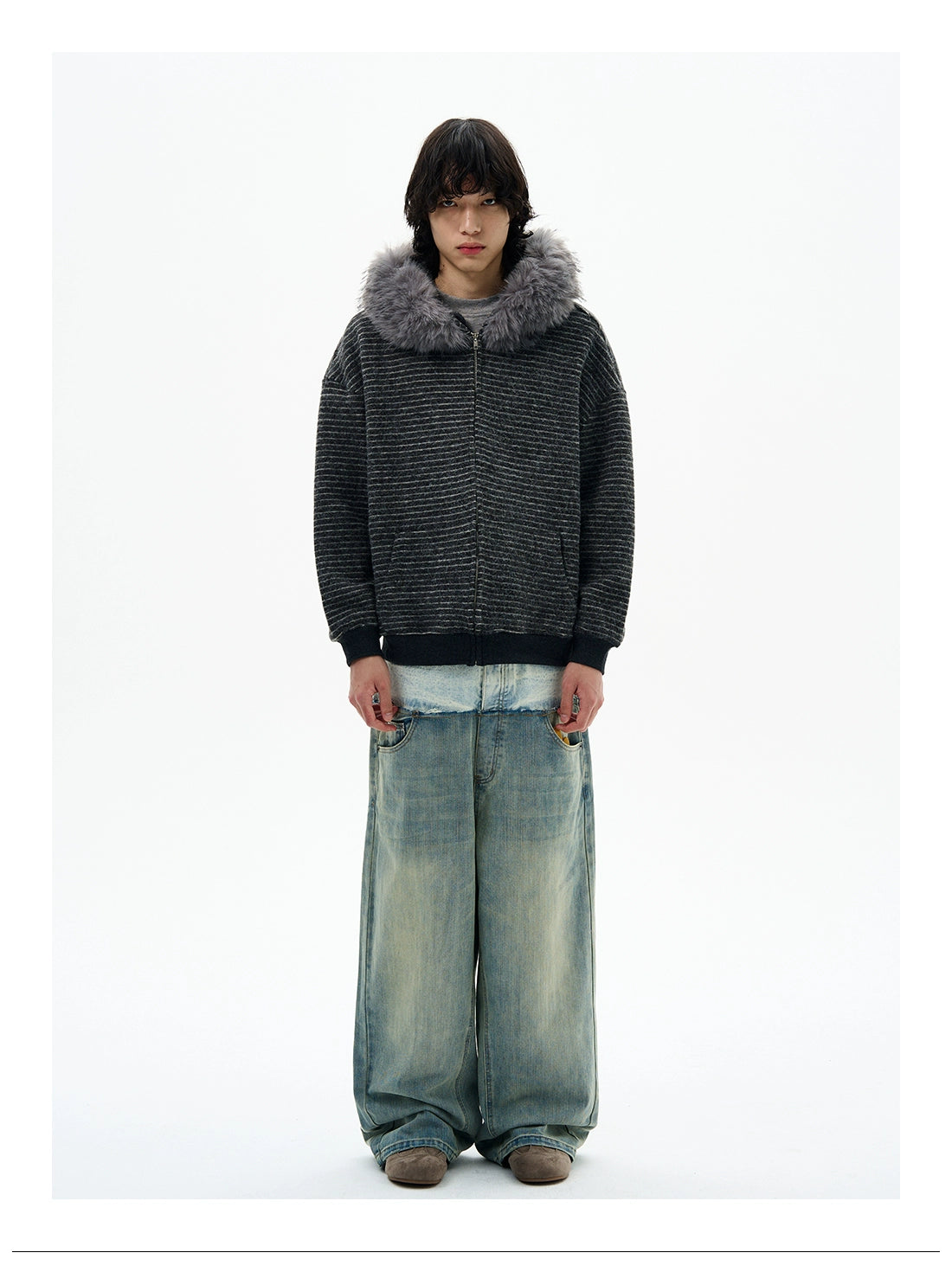 Striped Faux Fur Collar Zip Hoodie