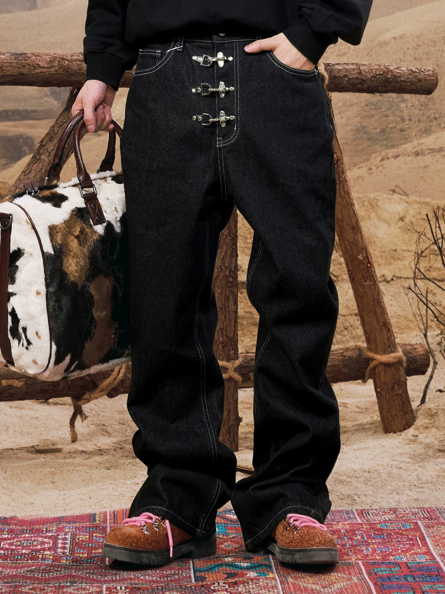 Buckle Embellished Wide Leg Jeans