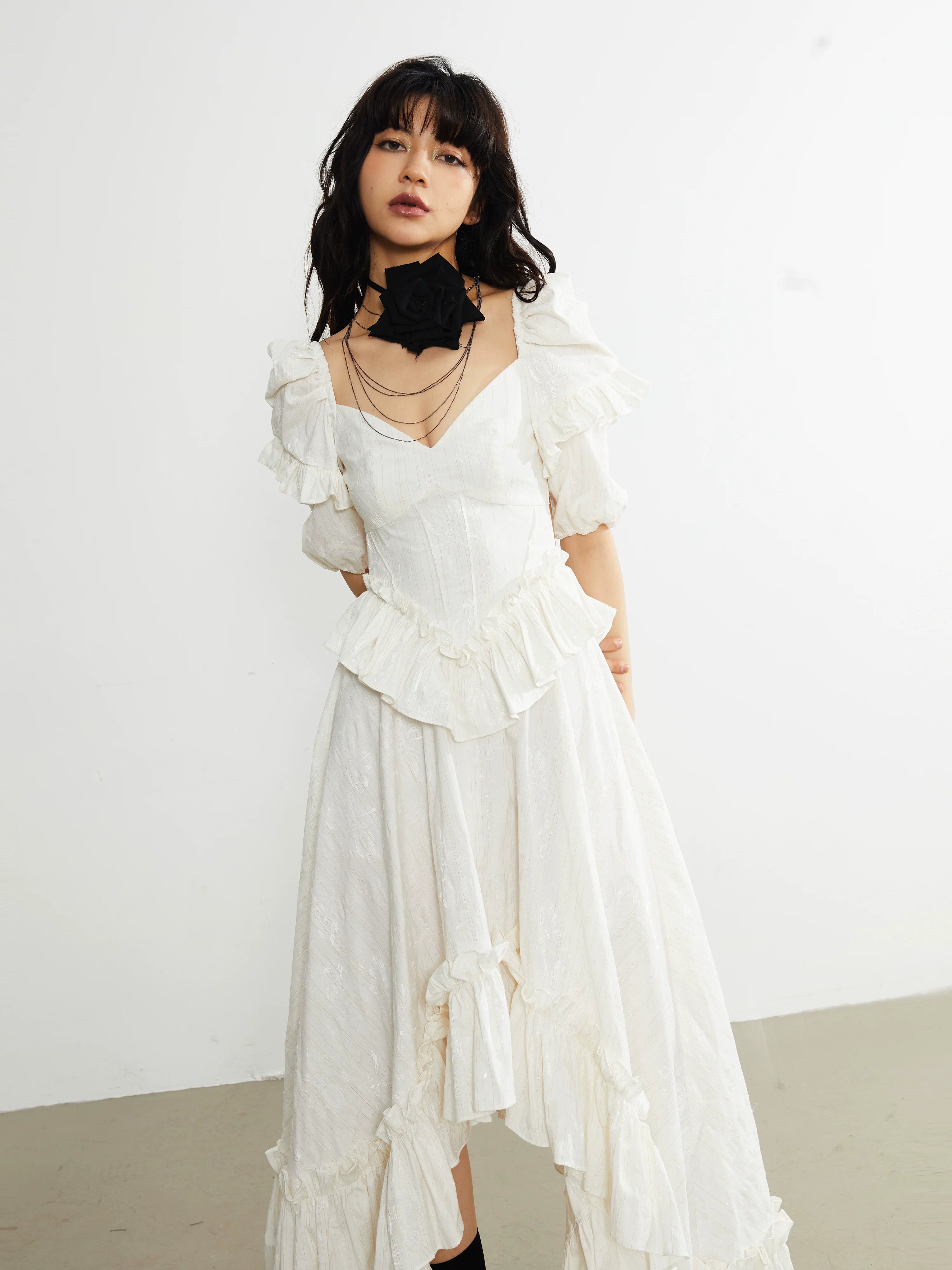 Ivory Ruffle Asymmetry Midi Dress