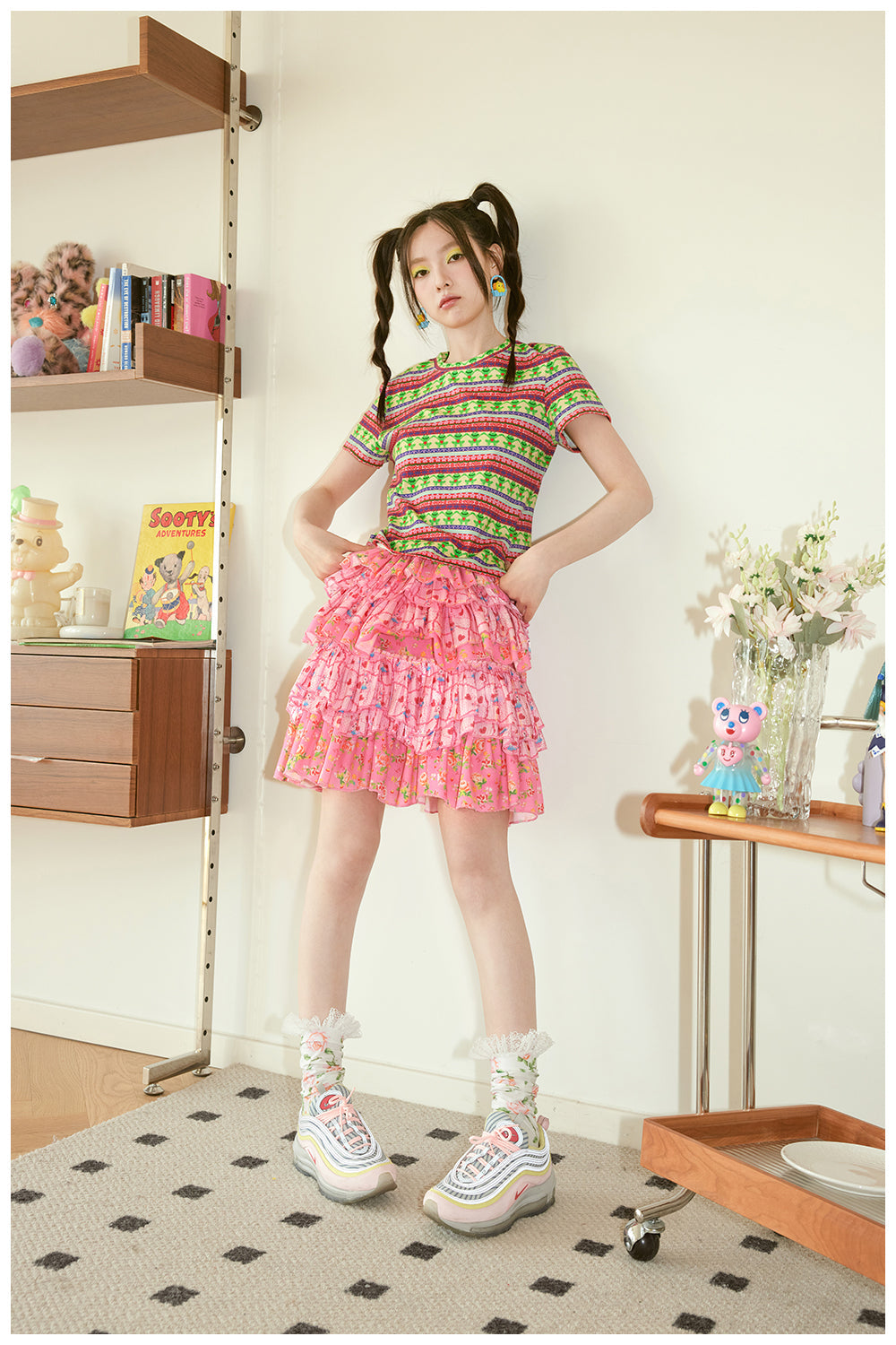 Pink Floral Hearts Tiered Ruffle Skirt