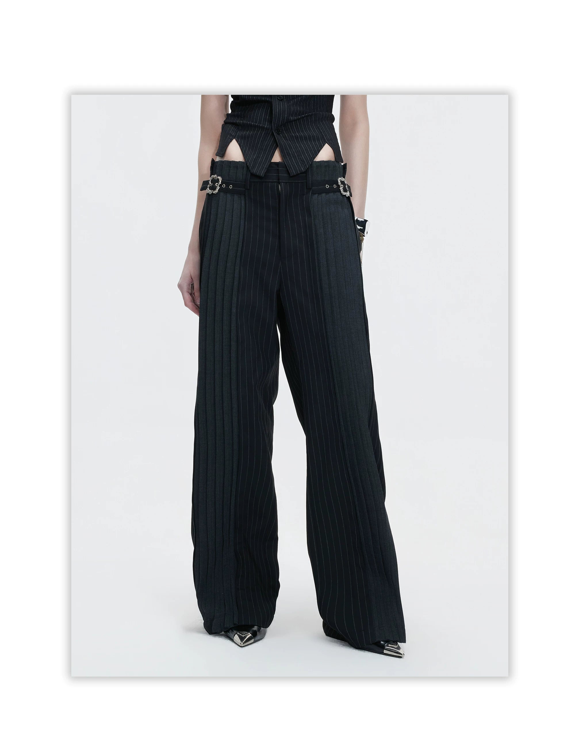 Pinstripe Buckle Waist Wide Leg Pants