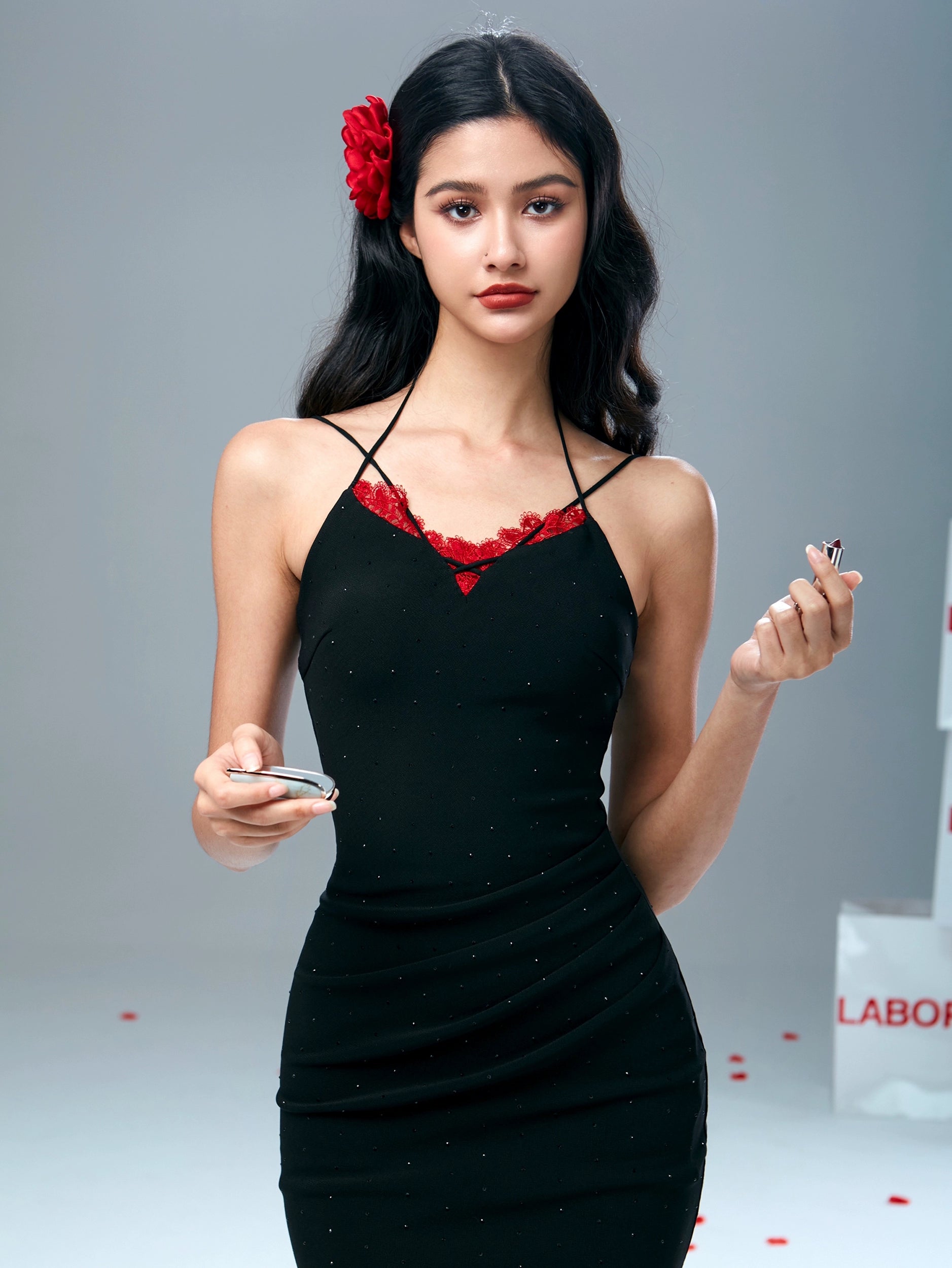 Black And Red Rhinestone Lace Spaghetti Strap Dress