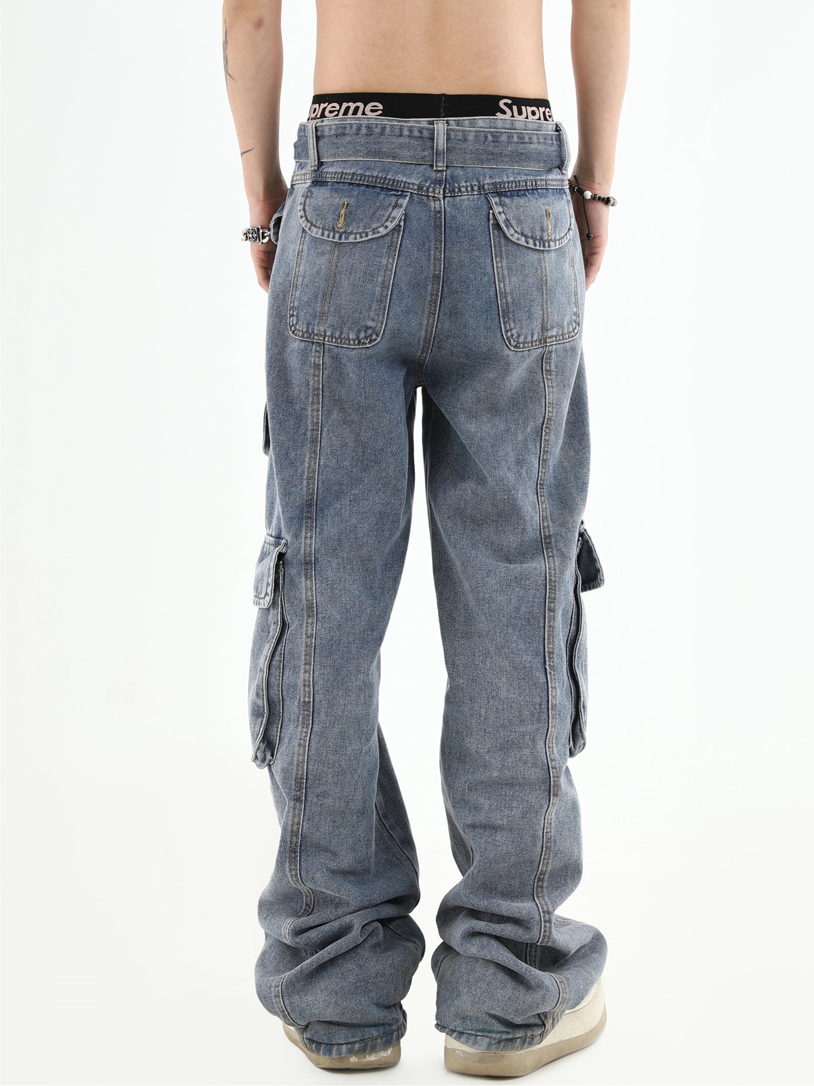 Vintage Wash Multi-Pocket Denim Jeans - chiclara