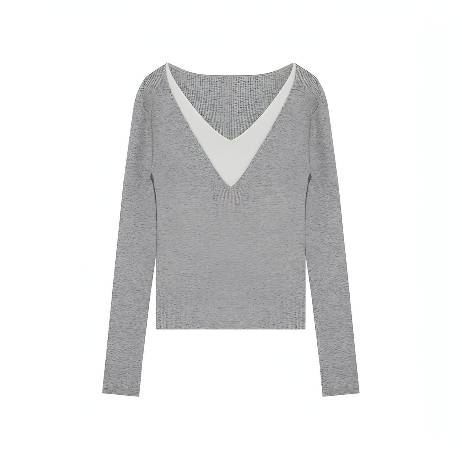 V-Neck Wool Knitwear, Color-Block Faux Layered Top - chiclara