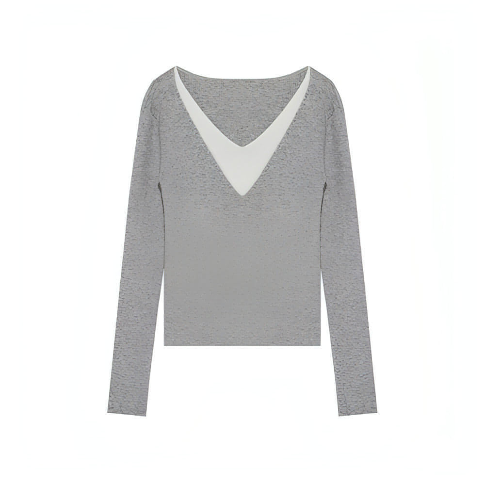 V-Neck Wool Knitwear, Color-Block Faux Layered Top - chiclara