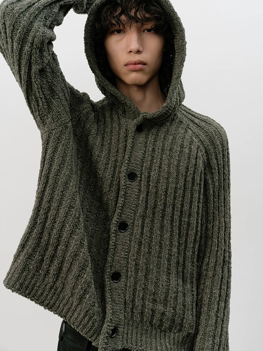 Ribbed Button-Up Knit Hoodie Cardigan