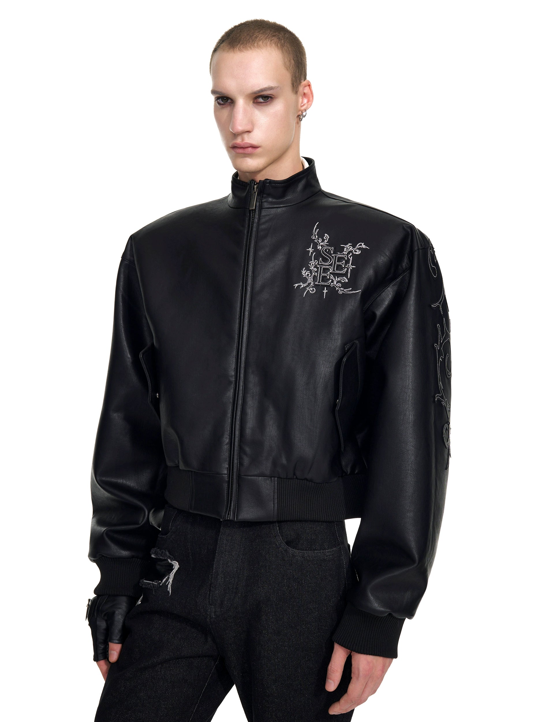 Studded 55 Black Leather Bomber Jacket