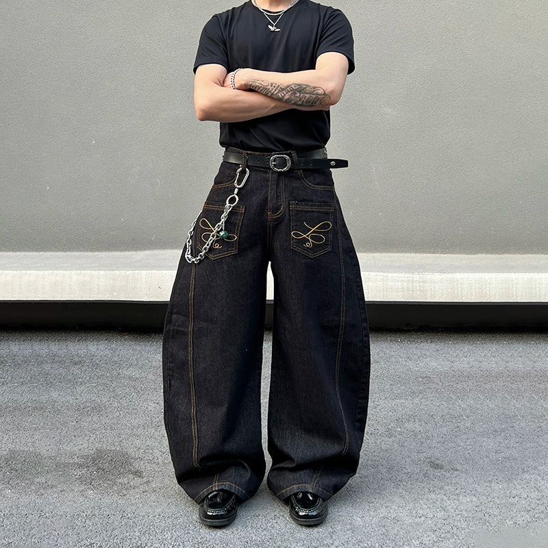 Embroidery Urban Script Wide Leg Jeans