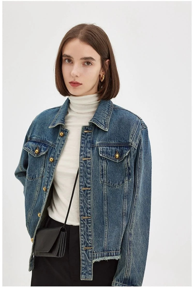 Vintage Casual Denim Jacket With Frayed Hem - chiclara