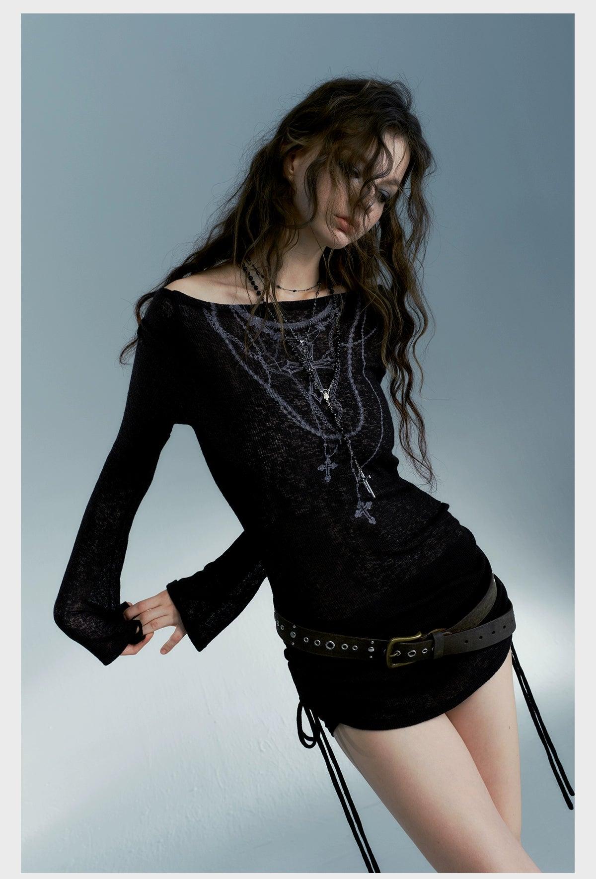 Strike A Pose Women'S Gothic Necklace Print Top - Long Sleeve Ruched Side-Tie Boat Neck Blouse In Black Semi-Sheer Knit