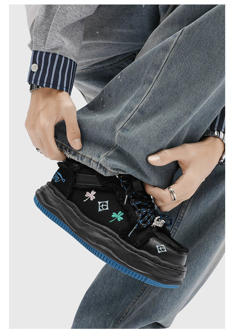 Distressed Embroidered Platform Sneakers