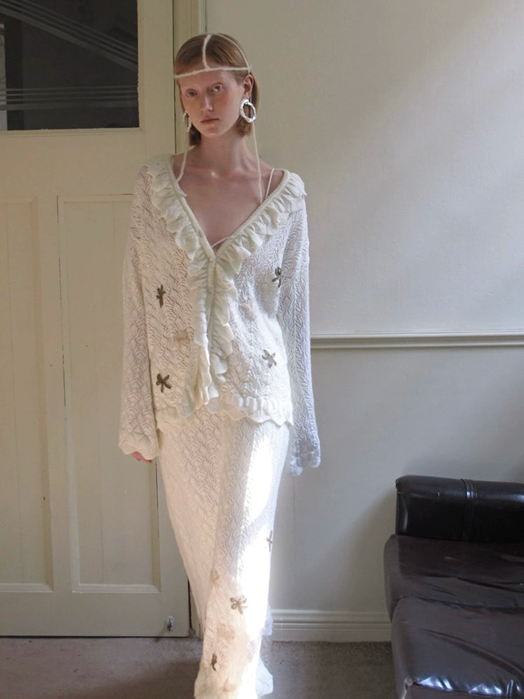 Embroidered Ruffle Trim Knit Cardigan and Skirt Setup