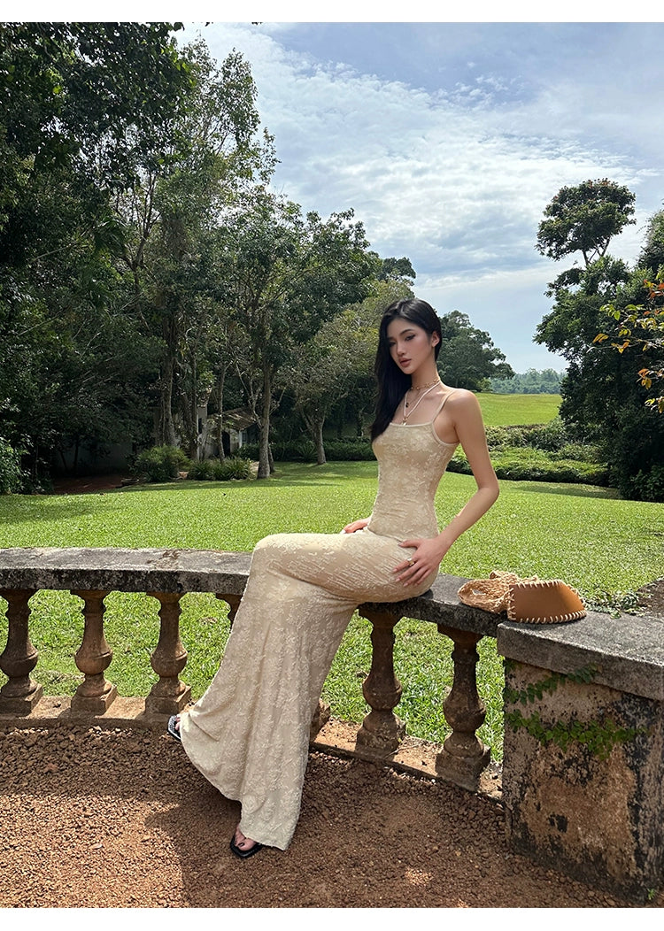 Beige Lace Mermaid Maxi Dress