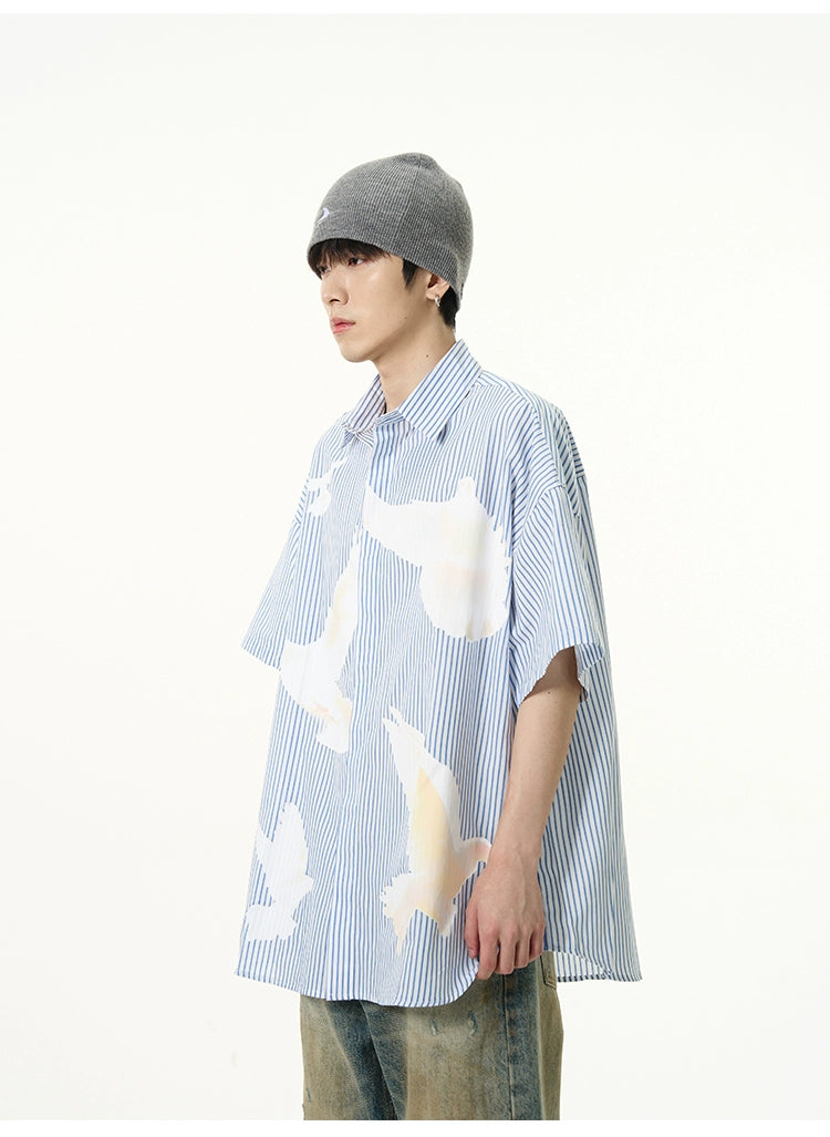 Striped Dove Print Button Up Shirt