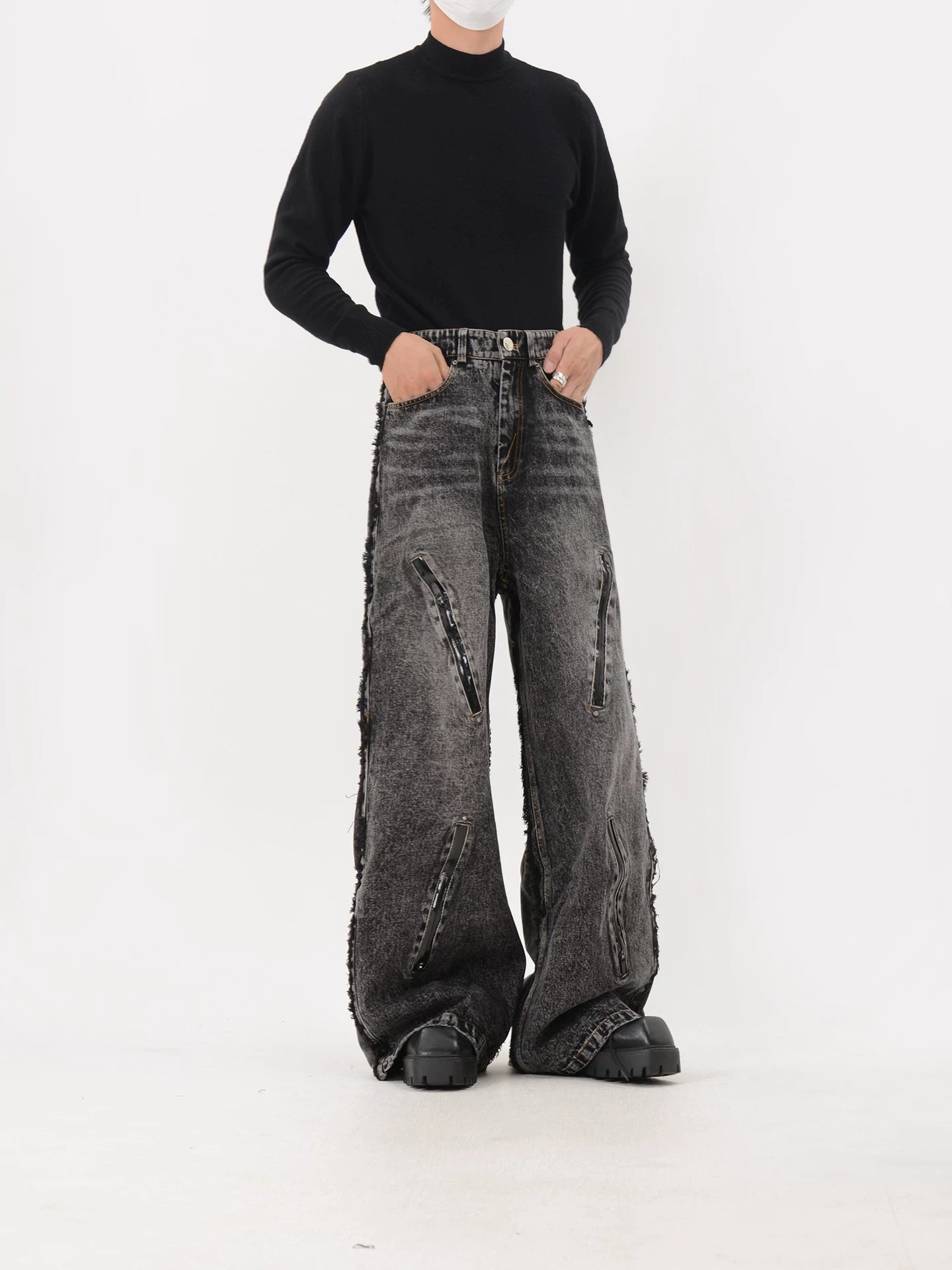 Deconstructed Raw Hem Wide-Leg Jeans