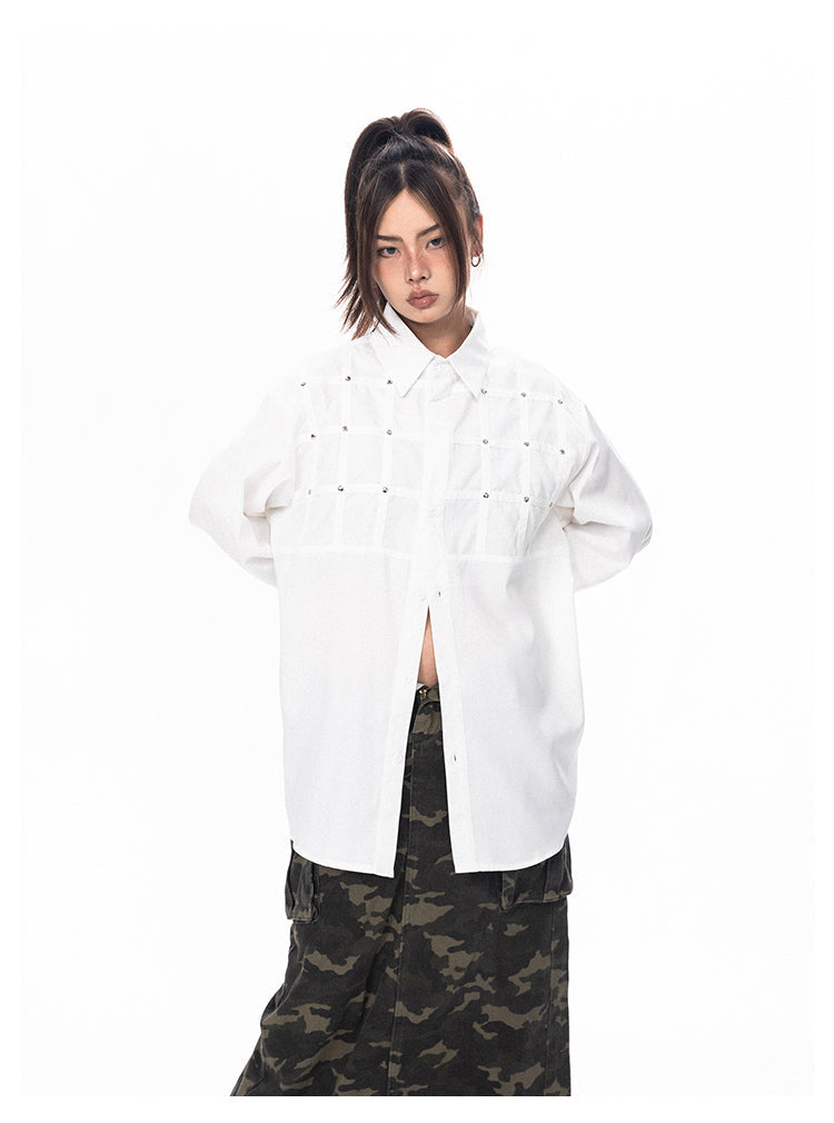 Studded Solid Color Long Sleeve Shirt - chiclara