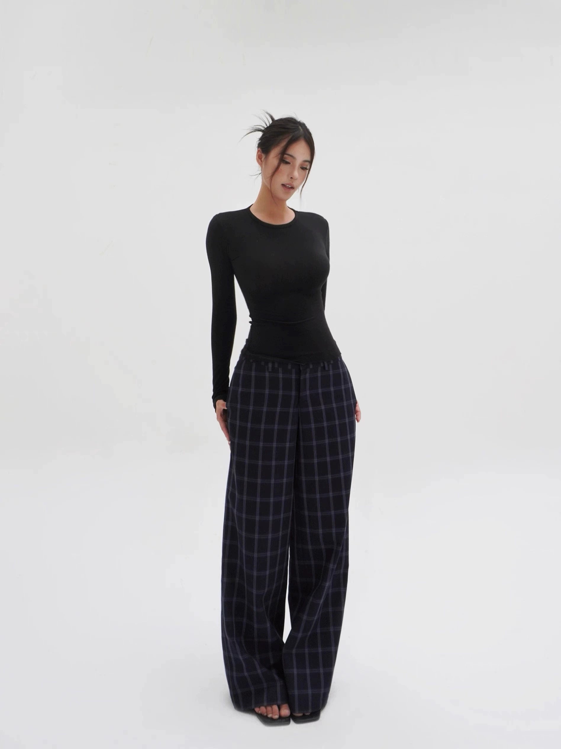 Low-Waist Blue Plaid Loose Casual Pants