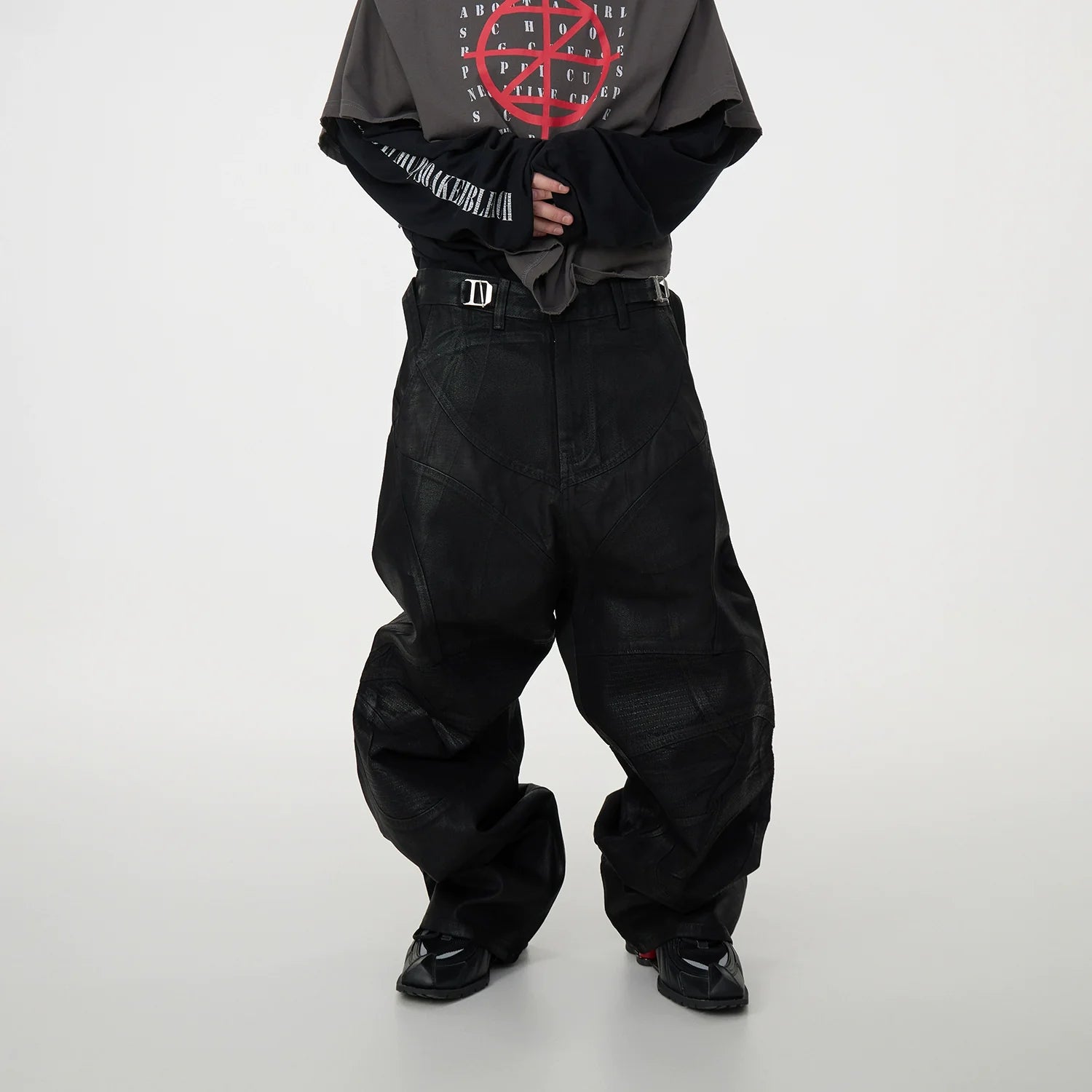 Black Patchwork Baggy Jeans with Buckle Details