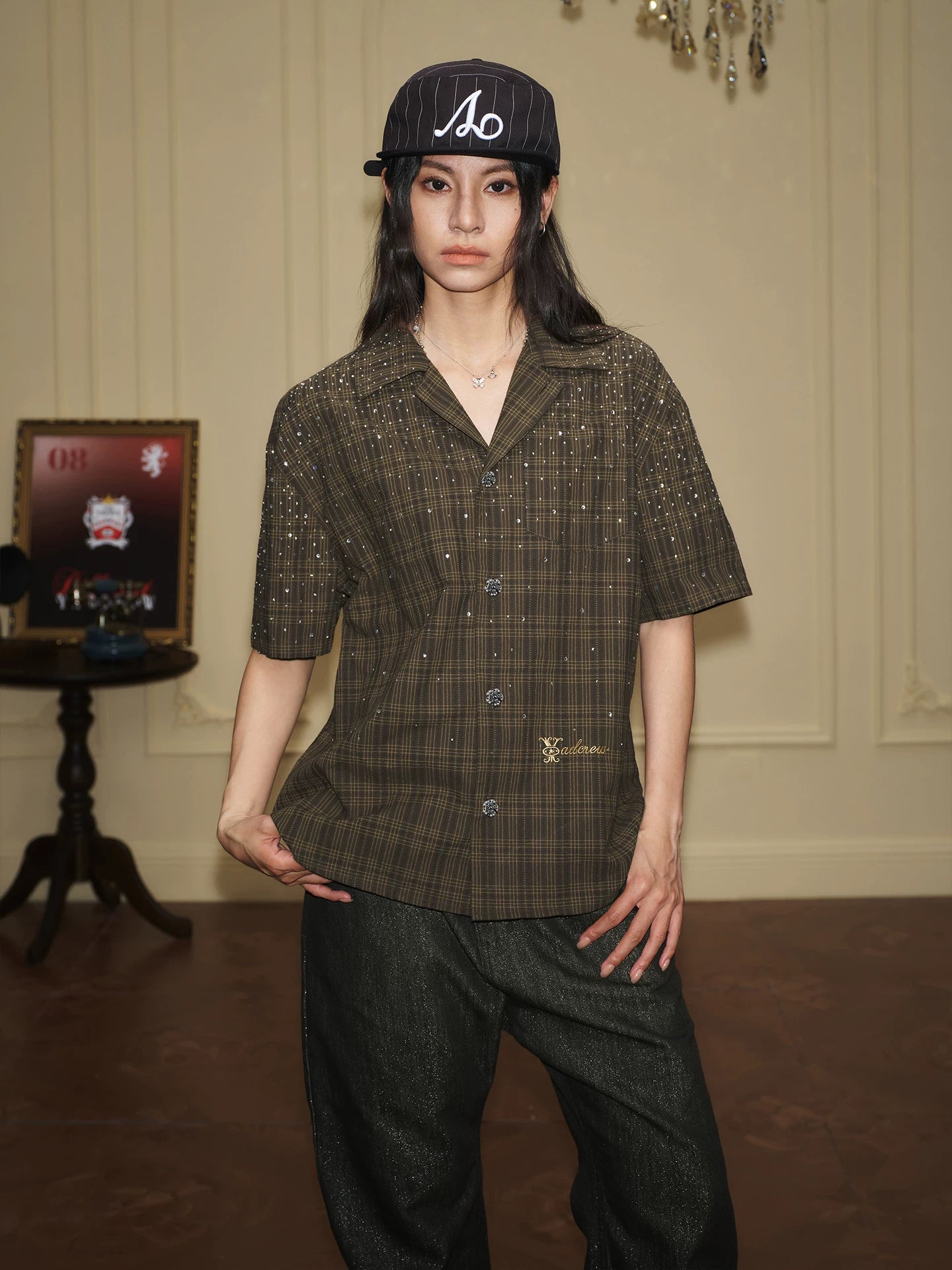 Embellished Plaid Camp Collar Shirt
