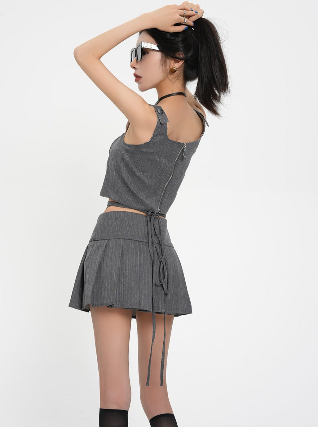 Sleek Satin Bustier Crop Top - Charcoal Gray Strapless Corset Blouse