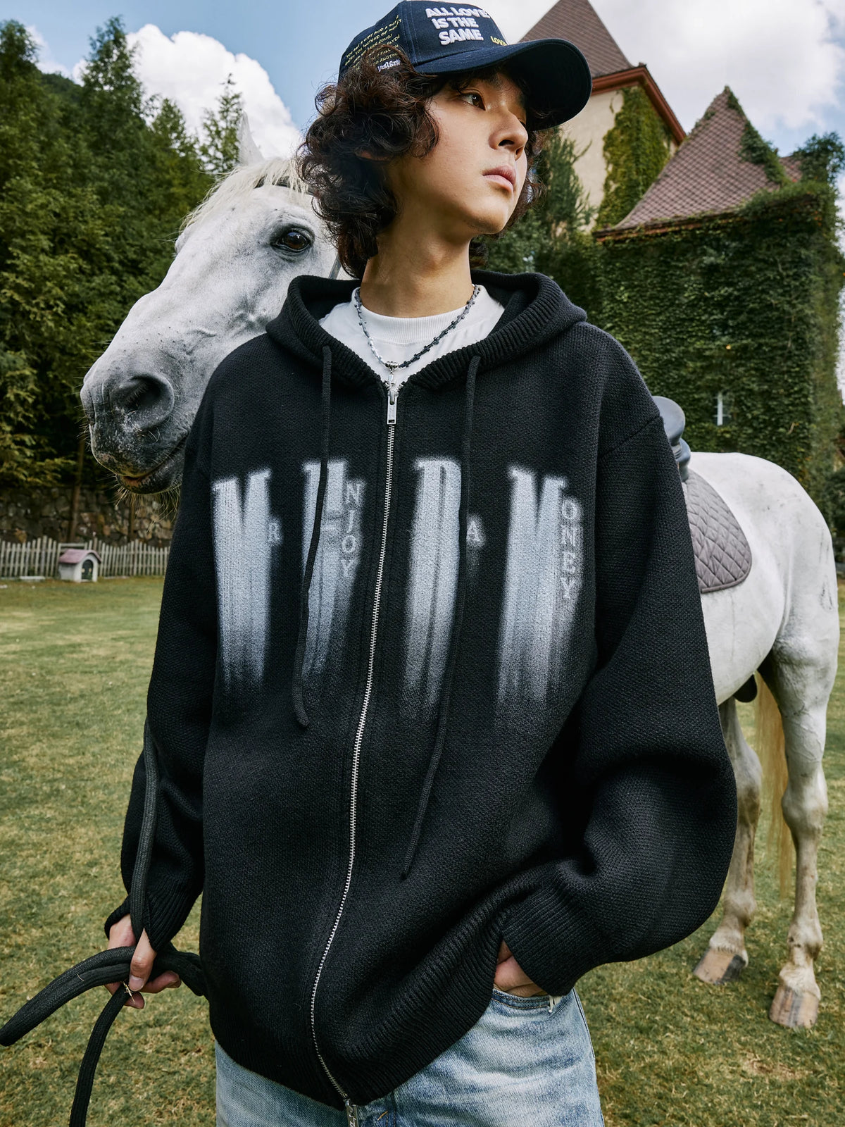 Oversized Gradient Graphic Zip-Up Knit Hoodie