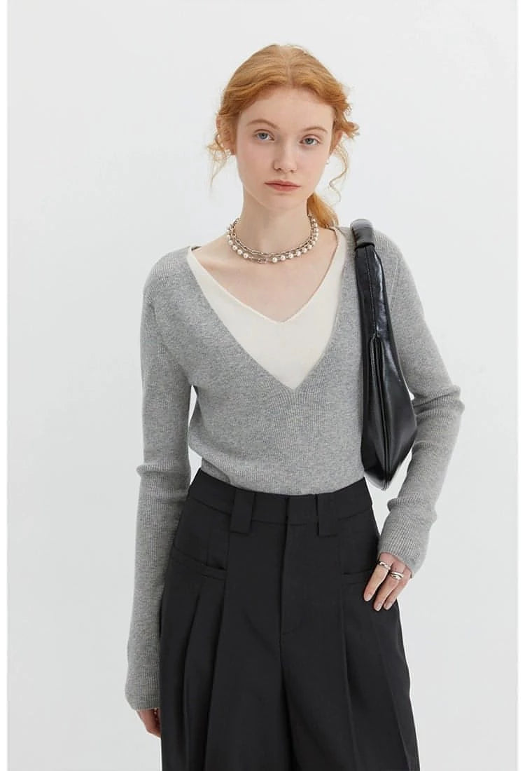 V-Neck Wool Knitwear, Color-Block Faux Layered Top - chiclara