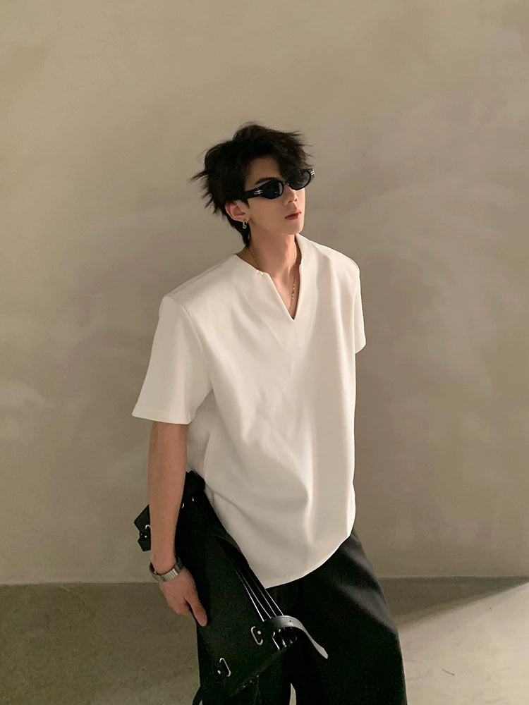 Minimalist Short Sleeve Shirt with V Notch Neckline