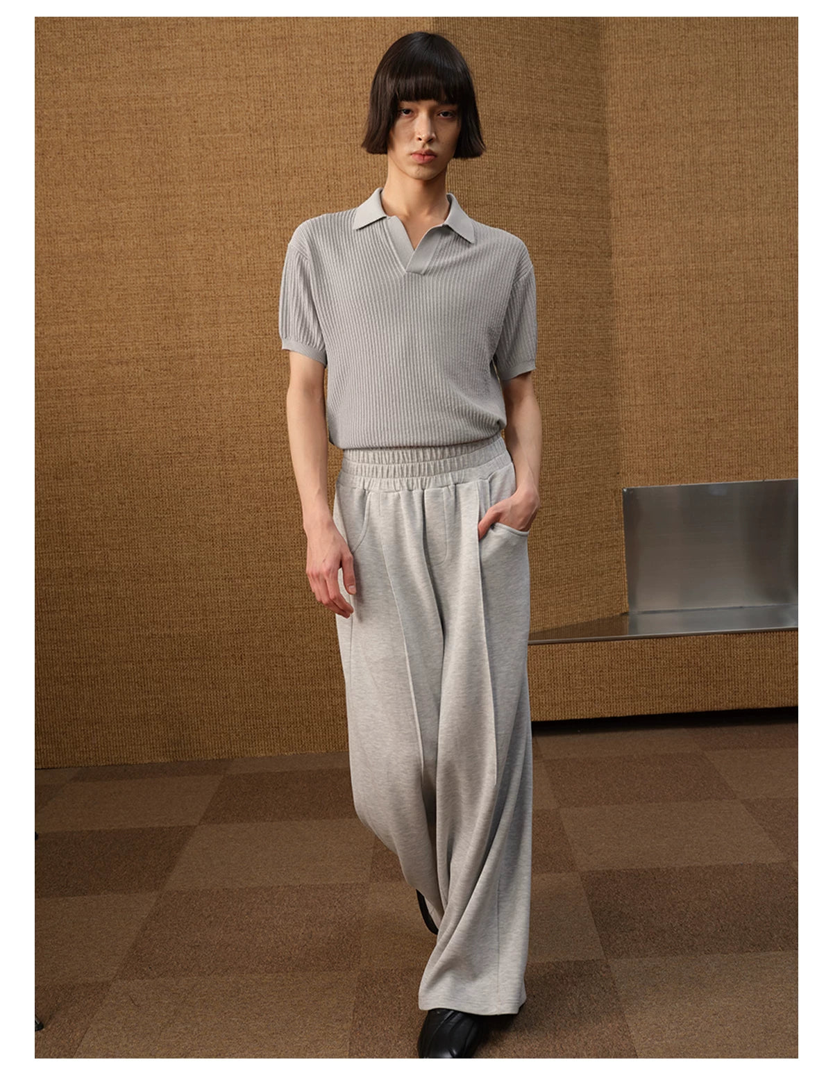 Textured Knit Open-Collar Polo Shirt