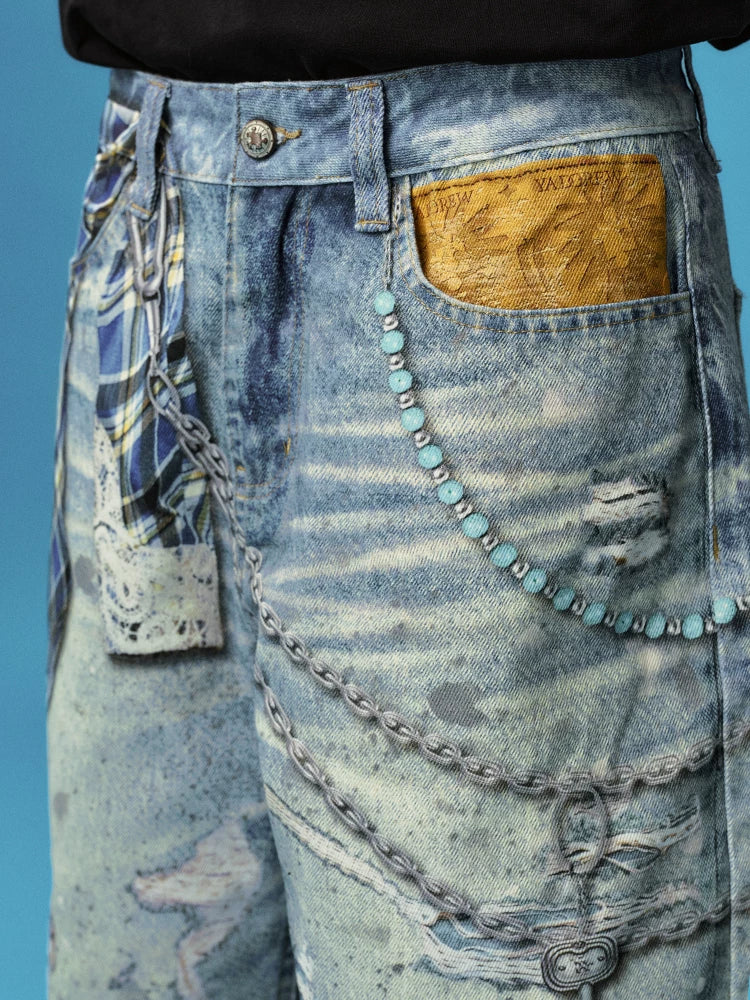 Plaid Chain Print Denim Jorts