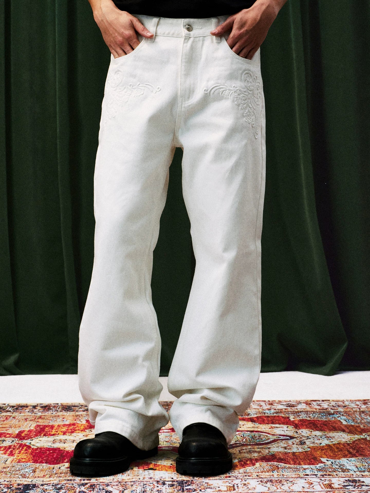 White Tonal Embroidered Wide Leg Jeans