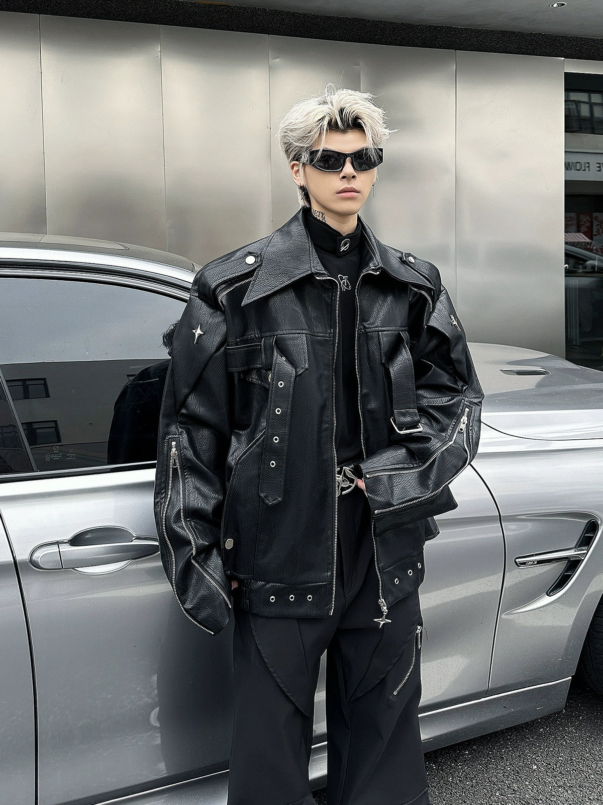 Oversized Star Patch Leather Jacket