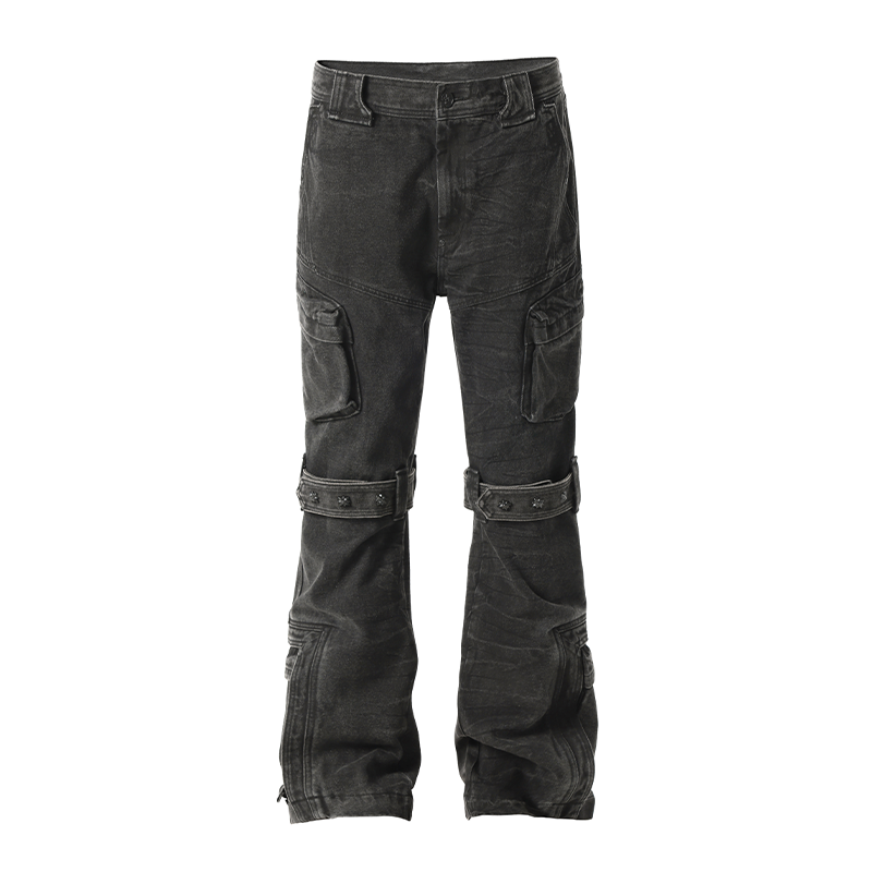 Studs Strapped Work Denim Jeans - chiclara
