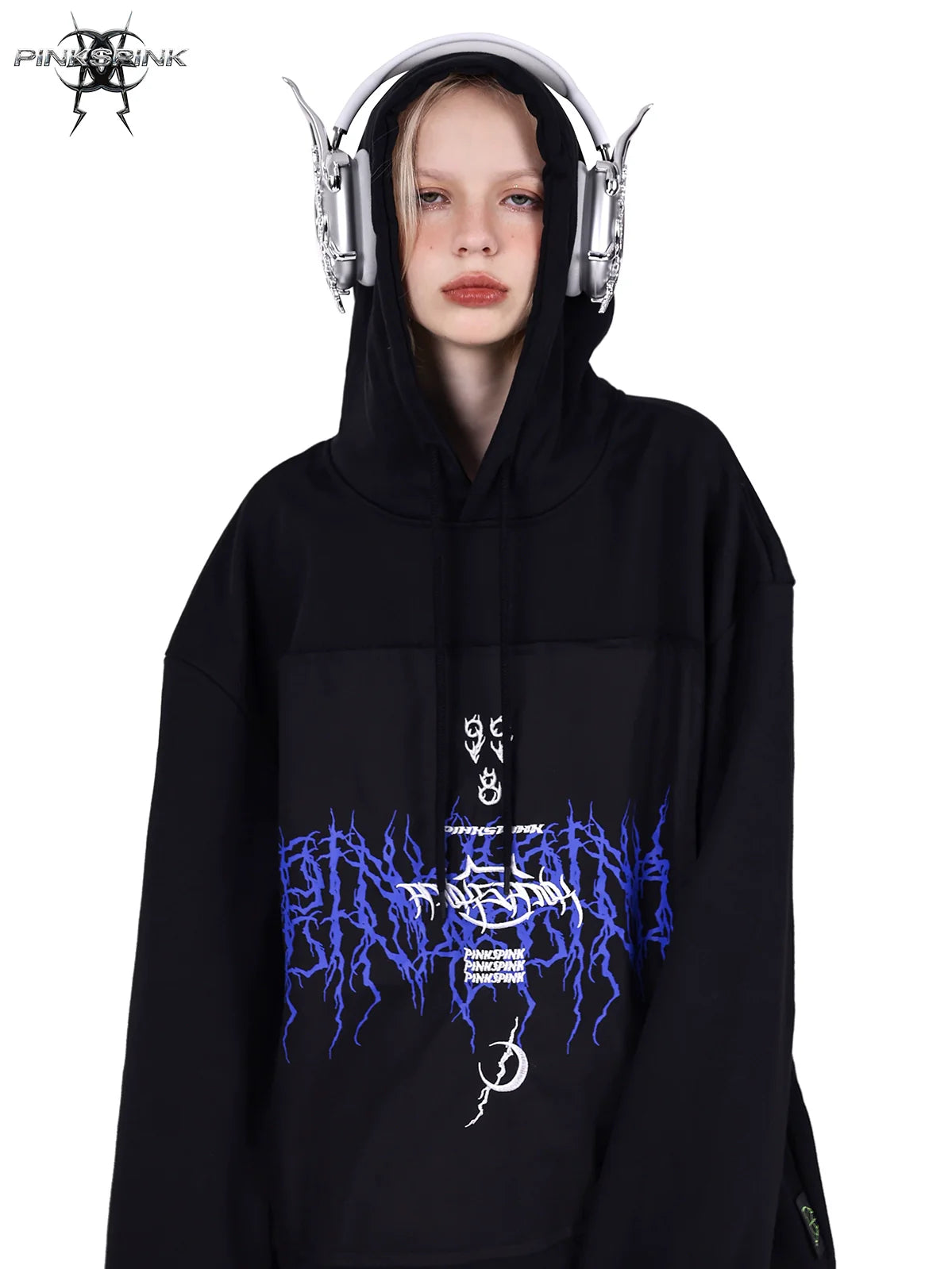 PINKSPINK Gothic Electric Hoodie - Black with Blue Accents