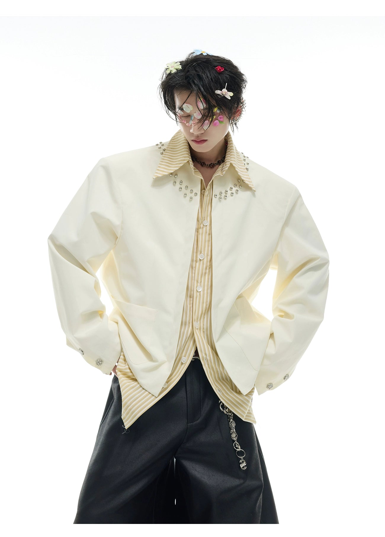 Crystal Collar Cream Zip-Up Jacket