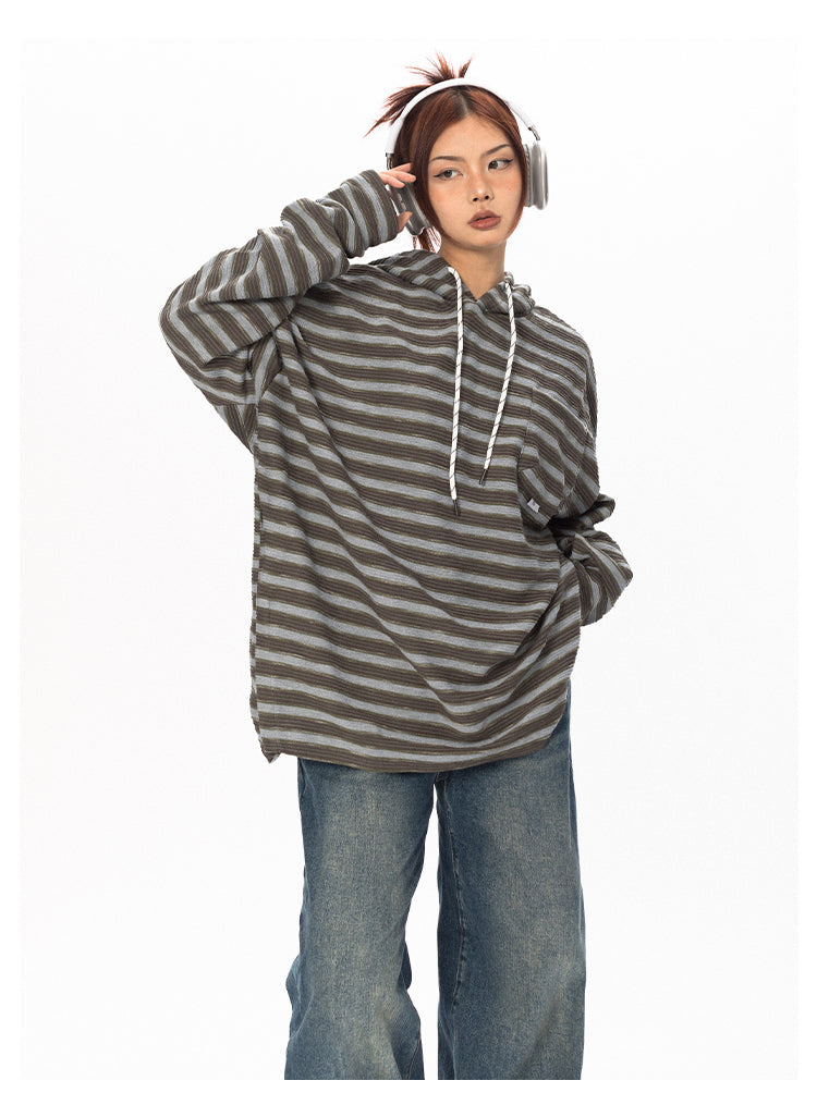 Striped Contrast Color Hooded T-Shirt - chiclara