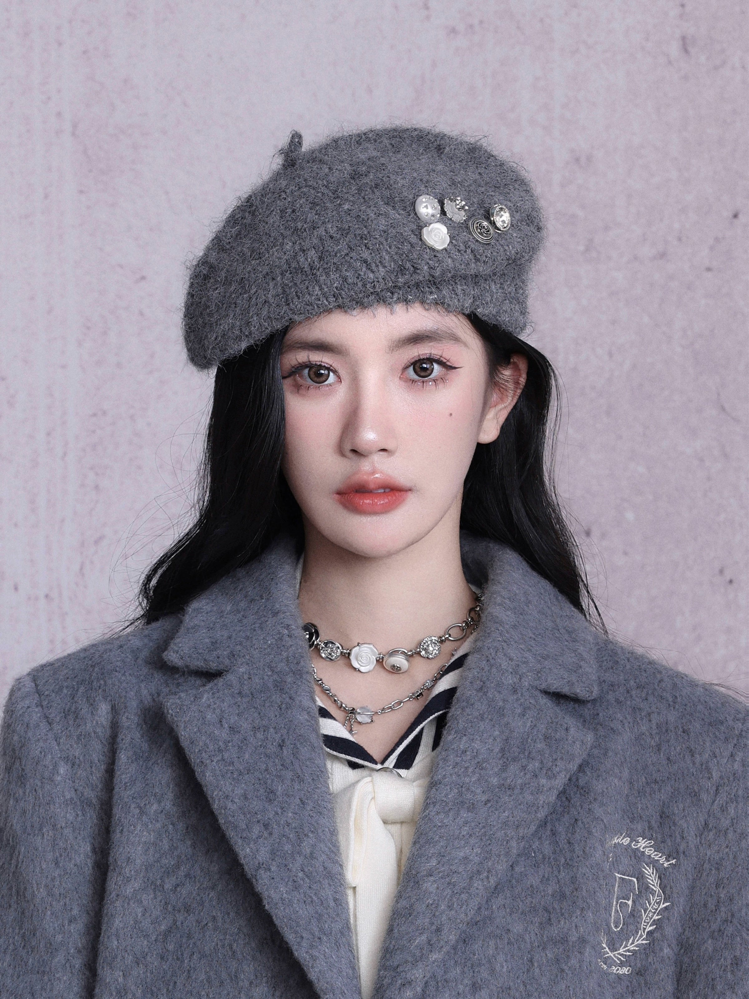 Mohair Button Beret Hat
